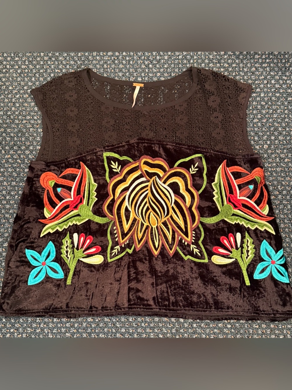 Free People Black Velvet Floral Embroidered Cropped Top